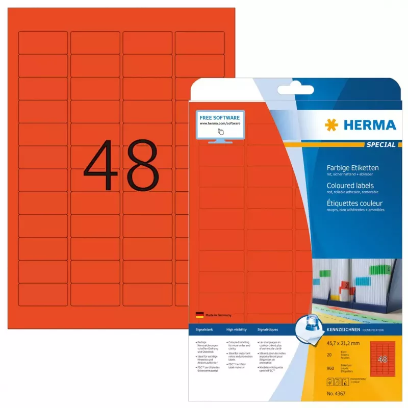 Lipnūs etikečių lapai HERMA Spalvotos etiketės A4 45,7x21,2 mm raudonos