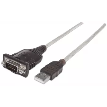 Manhattan USB-A į Serial keitiklio kabelis, 45 cm, Vyriškas į Vyrišką, Serial/RS232/COM/DB9, FTDI FT232RL mikroschema, suderinamas su Windows 11 (ir ankstesnėmis OS), Juodas/Sidabrinis kabelis, Trejų metų garantija