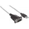 Manhattan USB-A į Serial keitiklio kabelis, 45 cm, Vyriškas į Vyrišką, Serial/RS232/COM/DB9, FTDI FT232RL mikroschema, suderinamas su Windows 11 (ir ankstesnėmis OS), Juodas/Sidabrinis kabelis, Trejų metų garantija