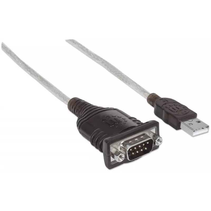 Manhattan USB-A į Serial keitiklio kabelis, 45 cm, Vyriškas į Vyrišką, Serial/RS232/COM/DB9, FTDI FT232RL mikroschema, suderinamas su Windows 11 (ir ankstesnėmis OS), Juodas/Sidabrinis kabelis, Trejų metų garantija