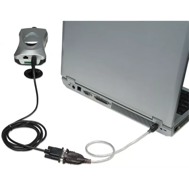 Manhattan USB-A į Serial keitiklio kabelis, 45 cm, Vyriškas į Vyrišką, Serial/RS232/COM/DB9, FTDI FT232RL mikroschema, suderinamas su Windows 11 (ir ankstesnėmis OS), Juodas/Sidabrinis kabelis, Trejų metų garantija