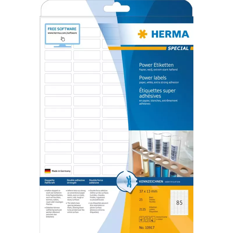 Lipnūs etikečių lapai HERMA A4 37x13 mm balti ypač stiprus lipnumas 2125 vnt.