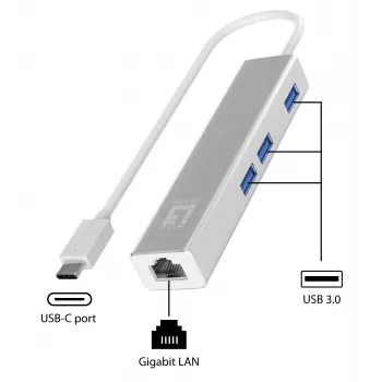 LevelOne USB-C Gigabit Ethernet adapteris su USB šakotuvu, USB Type-C, Ethernet, 1000 Mbit/s, sidabrinis