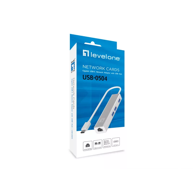 LevelOne USB-C Gigabit Ethernet adapteris su USB šakotuvu, USB Type-C, Ethernet, 1000 Mbit/s, sidabrinis