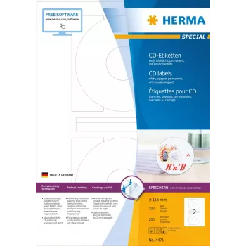 HERMA CD etiketės A4 Ø 116 mm balto matinio nepermatomo popieriaus 200 vnt.