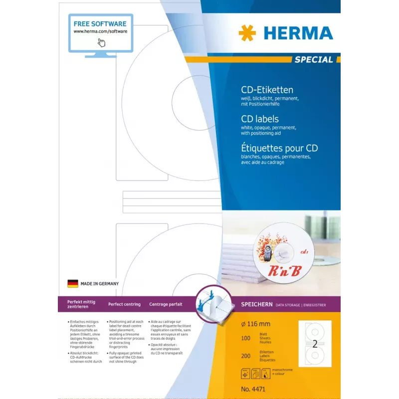 HERMA CD etiketės A4 Ø 116 mm balto matinio nepermatomo popieriaus 200 vnt.