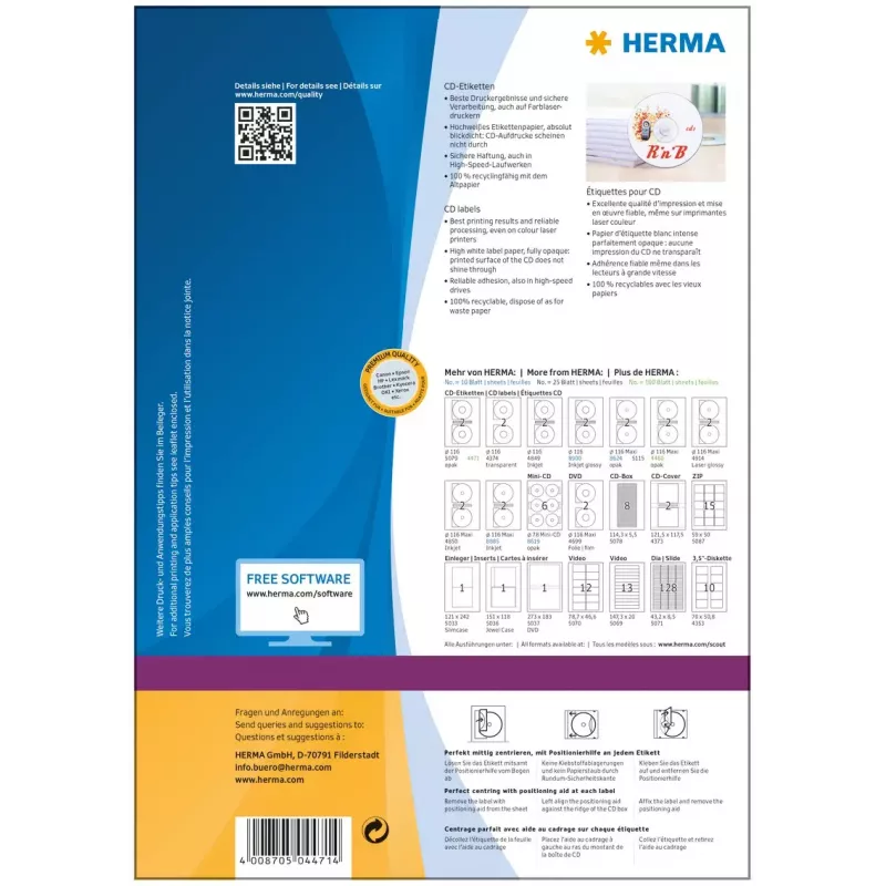 HERMA CD etiketės A4 Ø 116 mm balto matinio nepermatomo popieriaus 200 vnt.