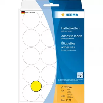 Įvairių paskirčių etiketės HERMA 2271 apvalios geltonos Ø 32 mm 480 vnt.