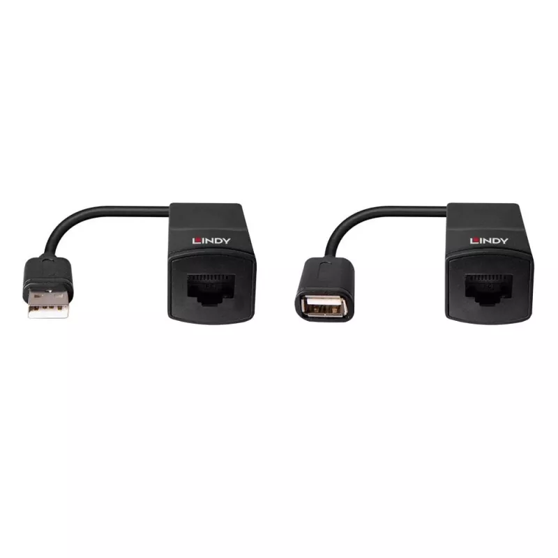 Lindy 60m USB 1.1 Cat.6 Extender Basic, tinklo siųstuvas ir imtuvas, 60 m, 12 Mbit/s, Cat5e, Cat6, juoda, plastikas