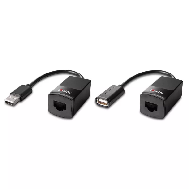 Lindy 60m USB 1.1 Cat.6 Extender Basic, tinklo siųstuvas ir imtuvas, 60 m, 12 Mbit/s, Cat5e, Cat6, juoda, plastikas