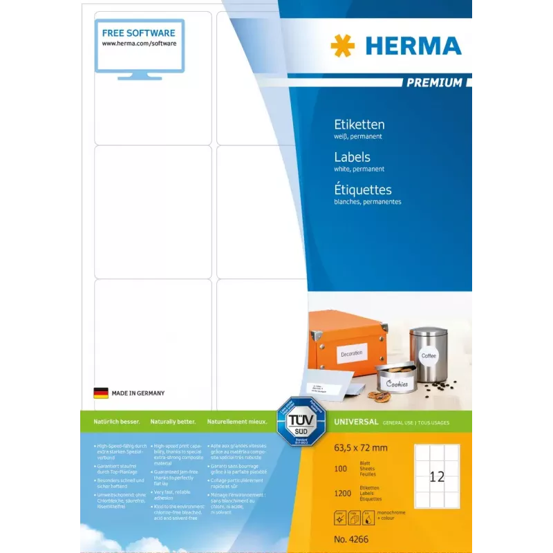 Lipnioji etiketė spausdintuvui HERMA Labels Premium A4 63,5x72 mm