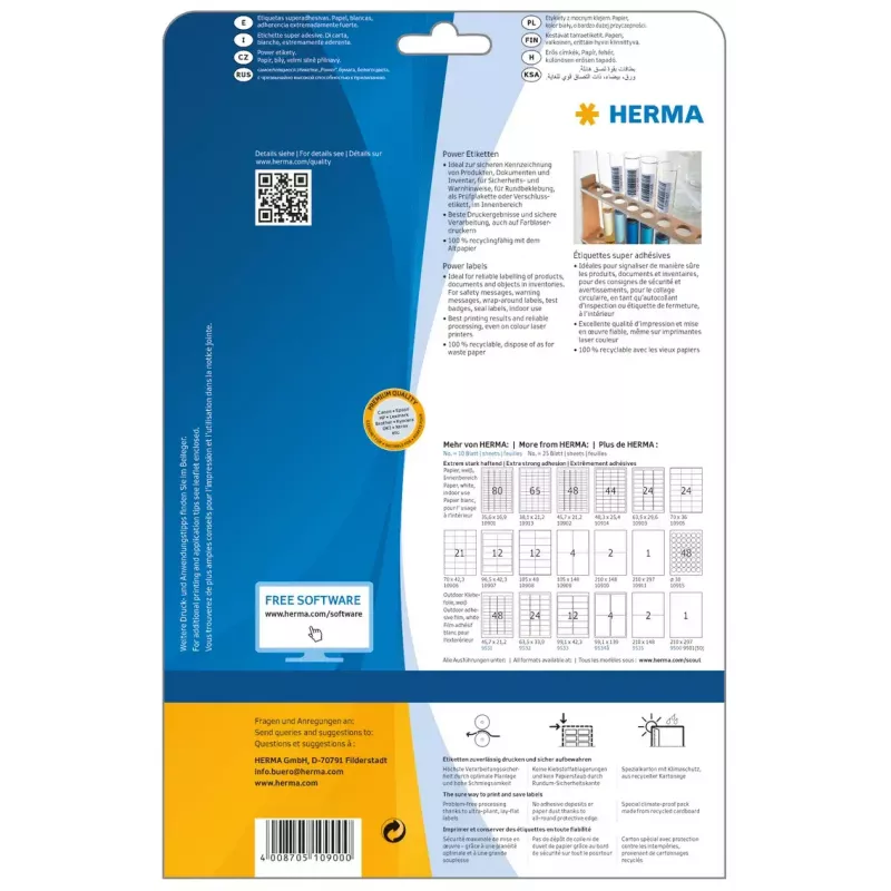 Lipnūs etikečių lapai HERMA Labels A4 25,4x10 mm balta matinė ypač stiprus sukibimas popierius 4725 vnt.