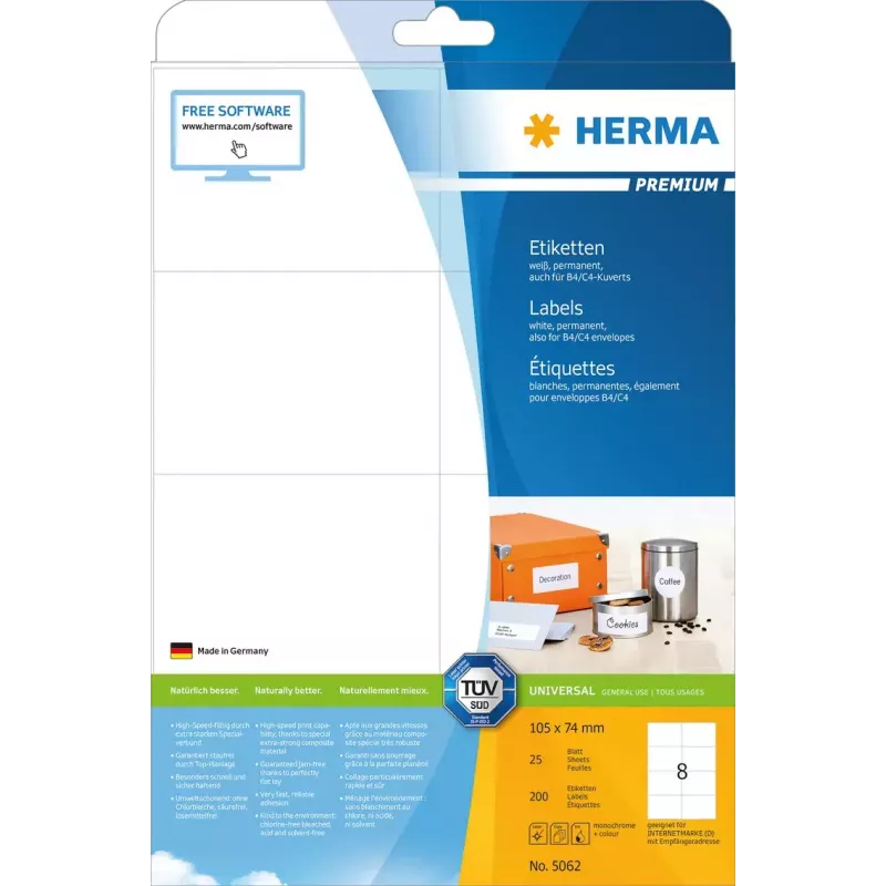 Lipnių etikečių lapai HERMA Labels Premium A4 105x74 mm
