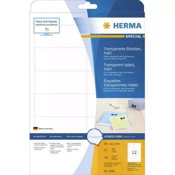 Lipnūs skaidrūs HERMA 4586 apvalinti stačiakampiai etiketės, A4, 120 vnt.