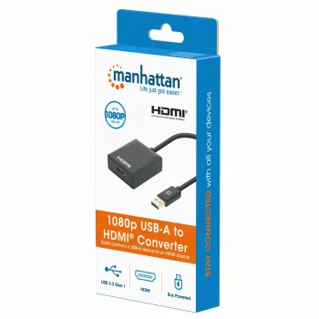 Manhattan USB-A į HDMI laidas, 1080p@60Hz, USB 3.2 Gen1 (USB 3.0) signalą konvertuoja į HDMI, 15 cm, juodas, Kištukas į Lizdą, Trejų metų garantija