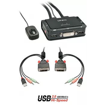Lindy 2 prievadų DVI-D Single Link, USB 2.0 ir garso KVM jungiklis kompaktiškas