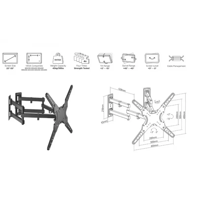 Equip 650328 Pilno judesio kampinis TV sieninis laikiklis 23–55 coliams