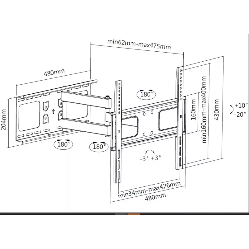 Equip 32 inch-55 inch Sieninis TV laikiklis su ranka, 200 x 200 mm, 400 x 400 mm, -20 - 10°, -90 - 90°, Plienas, Juodas