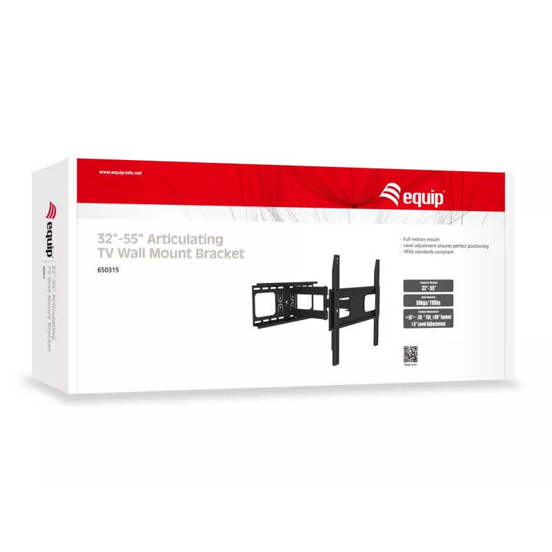 Equip 32 inch-55 inch Sieninis TV laikiklis su ranka, 200 x 200 mm, 400 x 400 mm, -20 - 10°, -90 - 90°, Plienas, Juodas