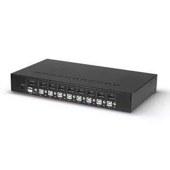 Lindy 8 prievadų DisplayPort 1.2, USB 2.0 ir garso KVM jungiklis, 3840 x 2160 pikselių, 4K Ultra HD, montavimui į stelažą, 1U, juodas