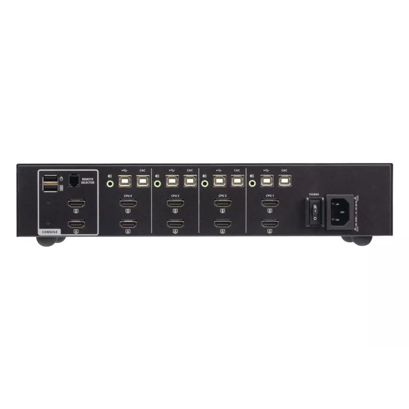 KVM jungiklis ATEN 4 prievadų USB HDMI dviejų monitorių saugus su CAC (4 kompiuteriai, 4K UHD 3840×2160)