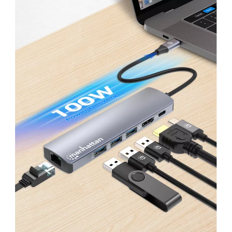 Manhattan 6-in-1 USB-C Dock/Hub, 6 prievadai: Ethernet, HDMI, USB-A (x3) ir USB-C, su Power Delivery (PD) 100W
