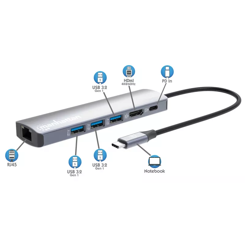 Manhattan 6-in-1 USB-C Dock/Hub, 6 prievadai: Ethernet, HDMI, USB-A (x3) ir USB-C, su Power Delivery (PD) 100W