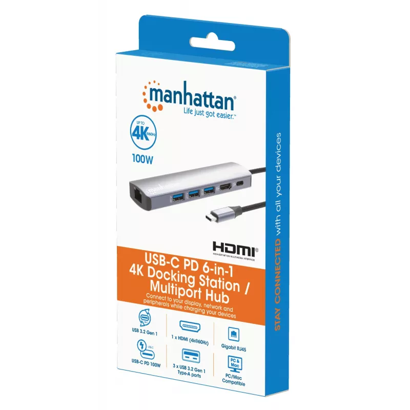 Manhattan 6-in-1 USB-C Dock/Hub, 6 prievadai: Ethernet, HDMI, USB-A (x3) ir USB-C, su Power Delivery (PD) 100W