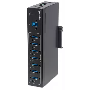 Manhattan USB-A 7-Port Hub Industrial, 7x USB-A prievadai, 5 Gbps (USB 3.2 Gen1), 20 kV ESD apsauga, maitinimas per AC, magistralę ir gnybtų bloką, montavimas ant DIN bėgio arba sienos, metalinis korpusas, varžtų fiksavimo apsauga