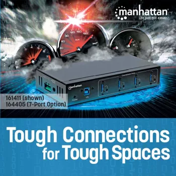 Manhattan USB-A 7-Port Hub Industrial, 7x USB-A prievadai, 5 Gbps (USB 3.2 Gen1), 20 kV ESD apsauga, maitinimas per AC, magistralę ir gnybtų bloką, montavimas ant DIN bėgio arba sienos, metalinis korpusas, varžtų fiksavimo apsauga