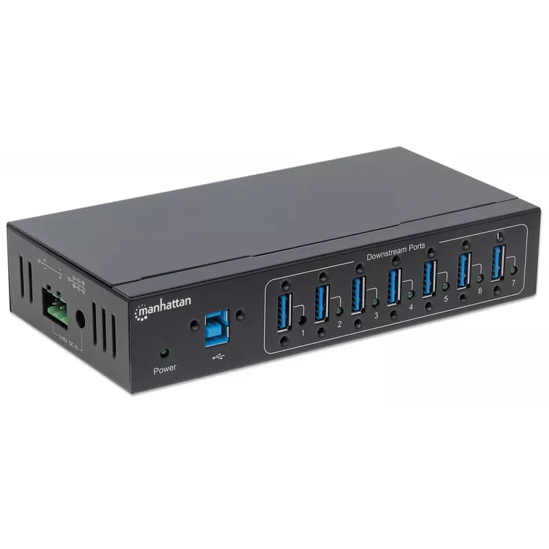 Manhattan USB-A 7-Port Hub Industrial, 7x USB-A prievadai, 5 Gbps (USB 3.2 Gen1), 20 kV ESD apsauga, maitinimas per AC, magistralę ir gnybtų bloką, montavimas ant DIN bėgio arba sienos, metalinis korpusas, varžtų fiksavimo apsauga