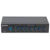 Manhattan USB-A 7-Port Hub Industrial, 7x USB-A prievadai, 5 Gbps (USB 3.2 Gen1), 20 kV ESD apsauga, maitinimas per AC, magistralę ir gnybtų bloką, montavimas ant DIN bėgio arba sienos, metalinis korpusas, varžtų fiksavimo apsauga