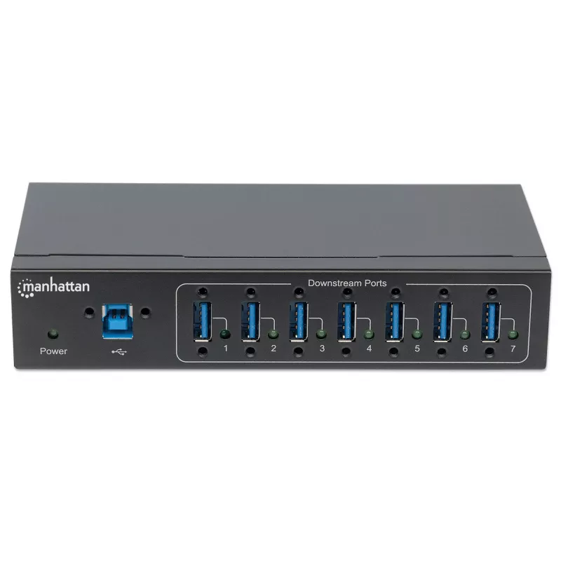 Manhattan USB-A 7-Port Hub Industrial, 7x USB-A prievadai, 5 Gbps (USB 3.2 Gen1), 20 kV ESD apsauga, maitinimas per AC, magistralę ir gnybtų bloką, montavimas ant DIN bėgio arba sienos, metalinis korpusas, varžtų fiksavimo apsauga
