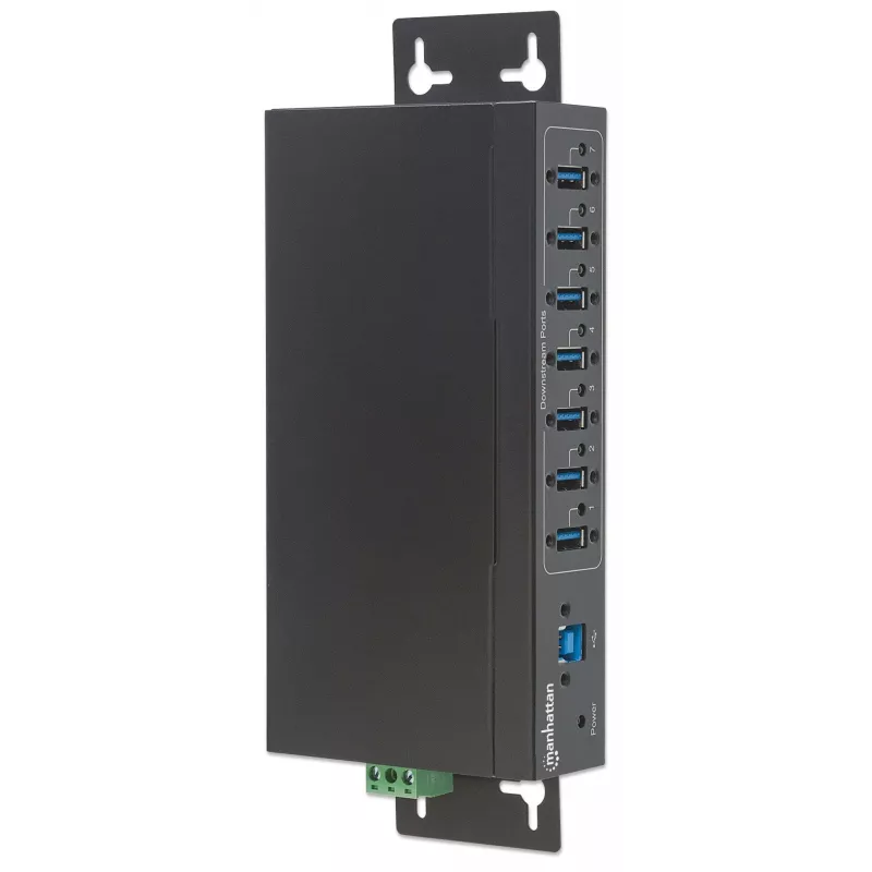 Manhattan USB-A 7-Port Hub Industrial, 7x USB-A prievadai, 5 Gbps (USB 3.2 Gen1), 20 kV ESD apsauga, maitinimas per AC, magistralę ir gnybtų bloką, montavimas ant DIN bėgio arba sienos, metalinis korpusas, varžtų fiksavimo apsauga