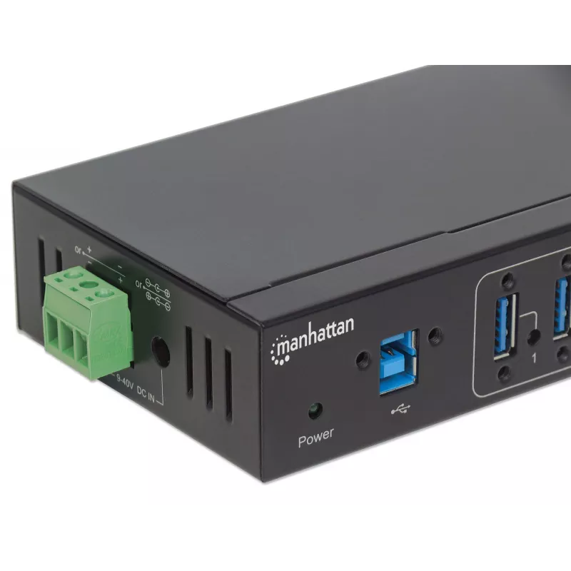 Manhattan USB-A 7-Port Hub Industrial, 7x USB-A prievadai, 5 Gbps (USB 3.2 Gen1), 20 kV ESD apsauga, maitinimas per AC, magistralę ir gnybtų bloką, montavimas ant DIN bėgio arba sienos, metalinis korpusas, varžtų fiksavimo apsauga