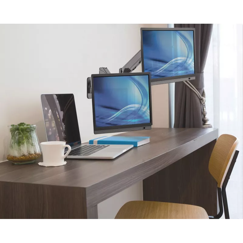 Manhattan dviguba sieninė laikiklis TV ir monitoriams (dujinis spyruoklinis), 17–32 colių, VESA 75x75 ir 100x100 mm, iki 8 kg, juoda