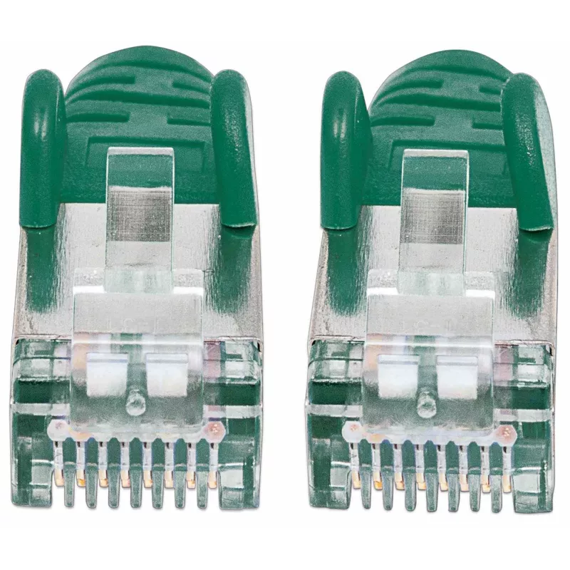 Intellinet tinklo jungiamasis laidas, Cat7 kabelis / Cat6A kištukai, 10 m, žalias, varinis, S/FTP, LSOH / LSZH, PVC, RJ45, paauksuoti kontaktai, su apsauga nuo užkliuvimo, su gaubteliais, viso gyvenimo garantija