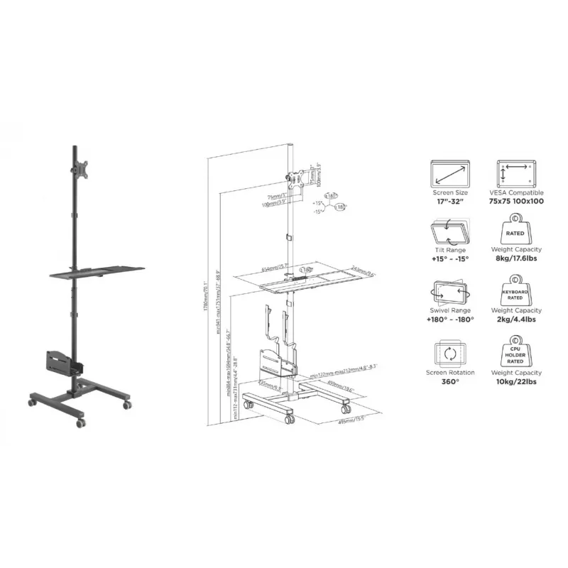 Multimedijos vežimėlis Equip 17 inch–32 inch vieno monitoriaus mobili darbo stotis