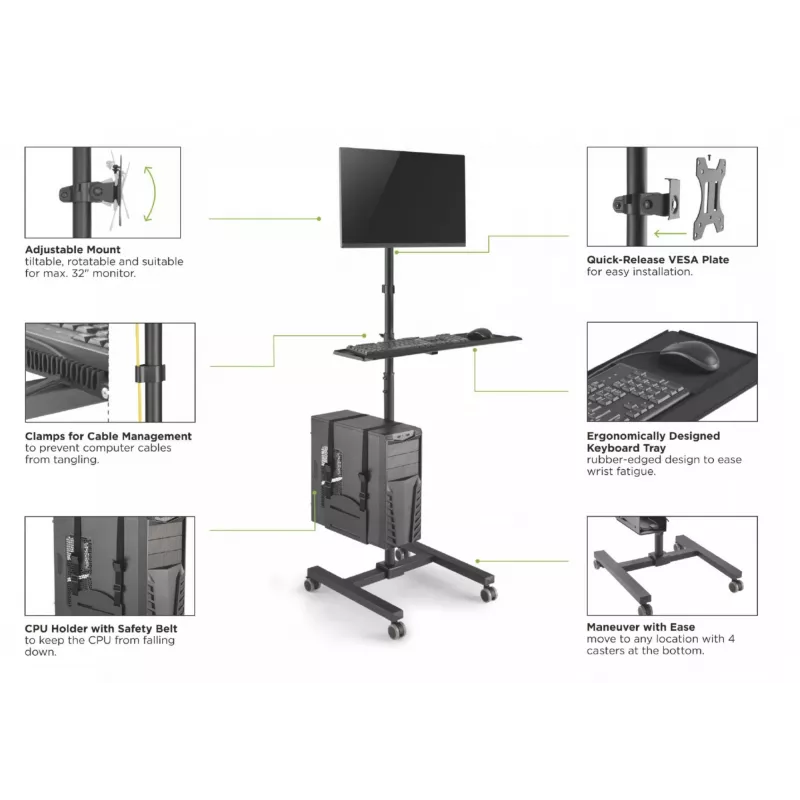 Multimedijos vežimėlis Equip 17 inch–32 inch vieno monitoriaus mobili darbo stotis