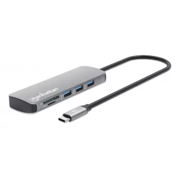 Manhattan USB-C Dock / Hub su kortelių skaitytuvu, 7 prievadai: Ethernet, HDMI, USB-A (3x) ir USB-C (2x), Power Delivery 100W