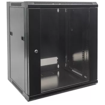 Intellinet 19 colių tinklo spintelė - sieninė (standartinė), 15U, 450mm gylio, juoda, išardoma, maks. 60kg, metalinės ir stiklo durelės, galinė panelė, nuimami šonai, tinka naudoti ant stalo ar grindų, naudingasis gylis nuo 260mm iki 350mm, sieninio monta