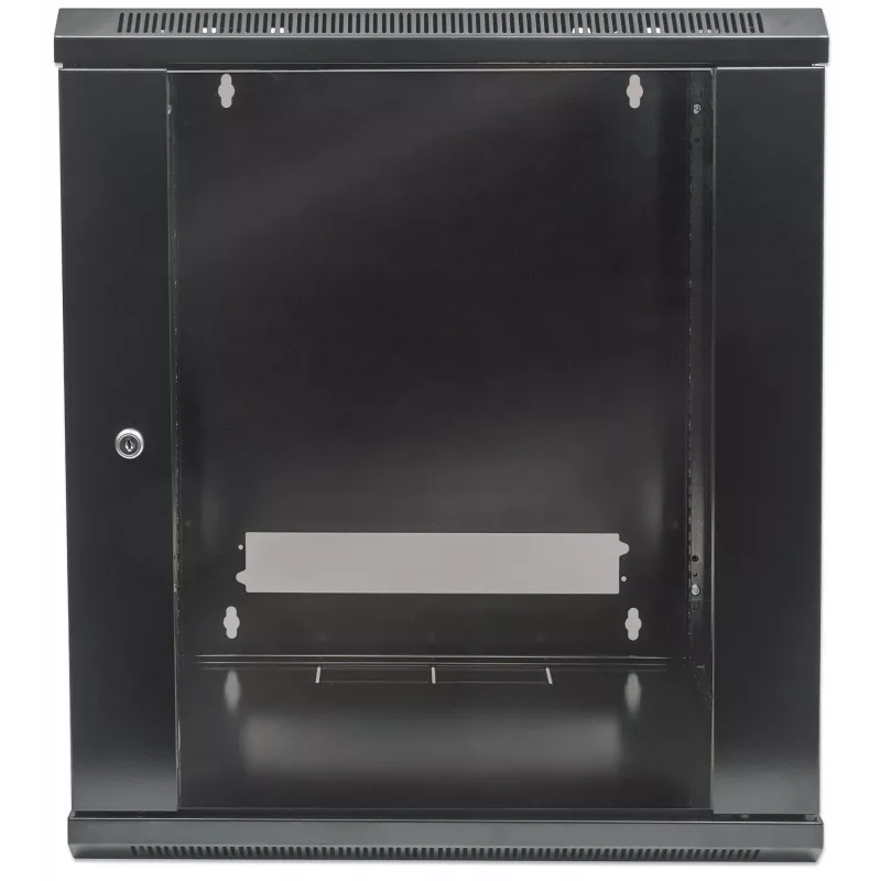 Intellinet 19 colių tinklo spintelė - sieninė (standartinė), 15U, 450mm gylio, juoda, išardoma, maks. 60kg, metalinės ir stiklo durelės, galinė panelė, nuimami šonai, tinka naudoti ant stalo ar grindų, naudingasis gylis nuo 260mm iki 350mm, sieninio monta