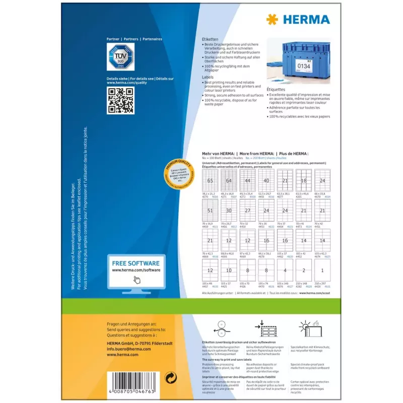 Lipdukai HERMA Premium A4 105x148 mm baltas popierius matiniai 400 vnt.
