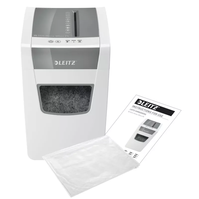 Smulkintuvas Leitz IQ Slim Home Office P4, kryžminis pjovimas, 22 cm, 4 x 28 mm, 23 l, 10 lapų, 58 dB