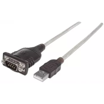 Manhattan USB-A į Serial keitiklio kabelis, 1,8 m, Vyriškas į Vyrišką, Serial/RS232/COM/DB9, Prolific PL-2303RA lustas, Juodas/Sidabrinis kabelis, Trejų metų garantija