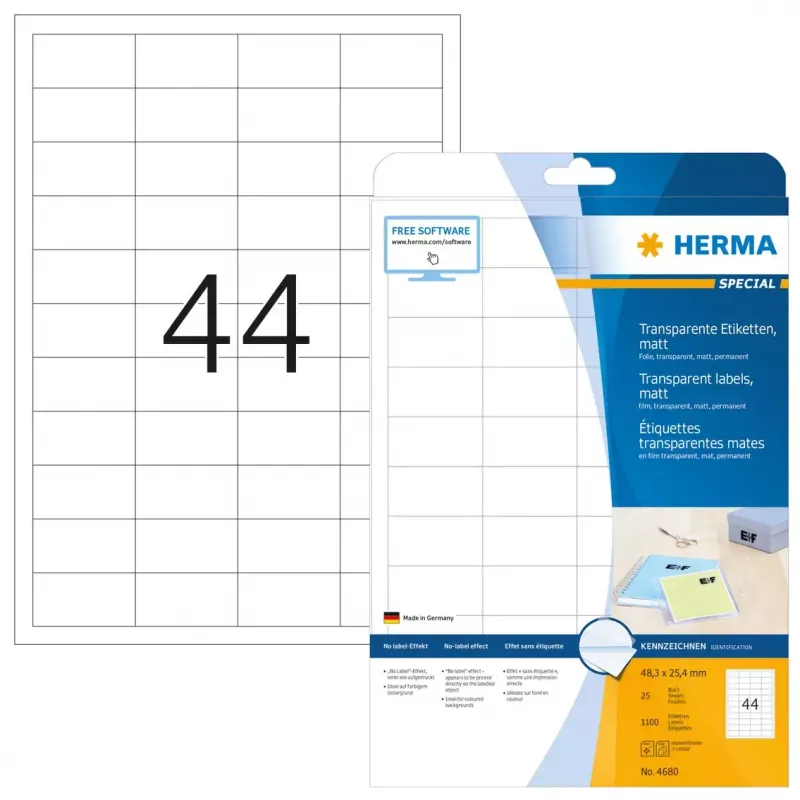 Lipnios etiketės spausdintuvui HERMA skaidrios matinės A4 48,3x25,4 mm plėvelė 1100 vnt.