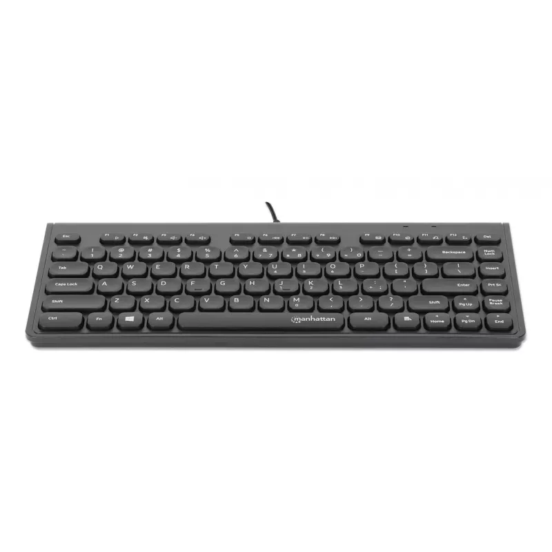 Manhattan Slim Wired USB Mini Keyboard, 12 multimedijos/funkcijų klavišai, įmontuotas 1,5 m USB-A laidas, kompaktiškas, žemo profilio formatas, skirtas PC ir nešiojamam kompiuteriui, juoda