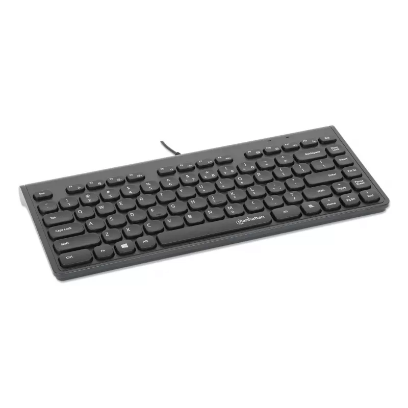 Manhattan Slim Wired USB Mini Keyboard, 12 multimedijos/funkcijų klavišai, įmontuotas 1,5 m USB-A laidas, kompaktiškas, žemo profilio formatas, skirtas PC ir nešiojamam kompiuteriui, juoda