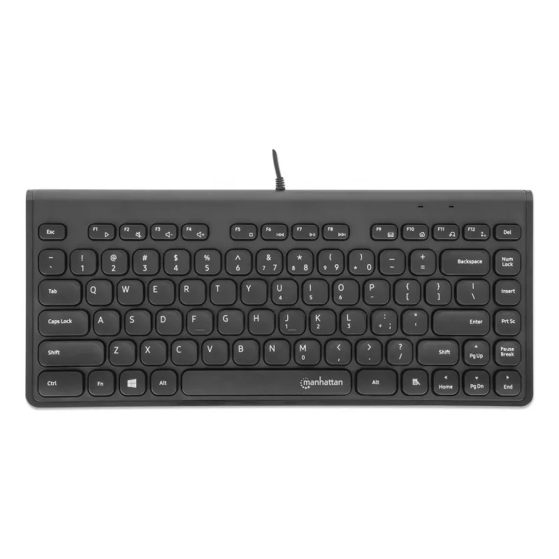 Manhattan Slim Wired USB Mini Keyboard, 12 multimedijos/funkcijų klavišai, įmontuotas 1,5 m USB-A laidas, kompaktiškas, žemo profilio formatas, skirtas PC ir nešiojamam kompiuteriui, juoda