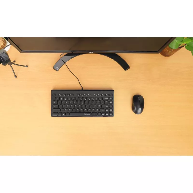 Manhattan Slim Wired USB Mini Keyboard, 12 multimedijos/funkcijų klavišai, įmontuotas 1,5 m USB-A laidas, kompaktiškas, žemo profilio formatas, skirtas PC ir nešiojamam kompiuteriui, juoda